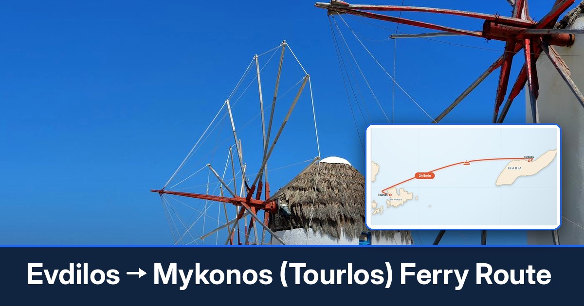 Evdilos to Mykonos (Tourlos) ferry route summary