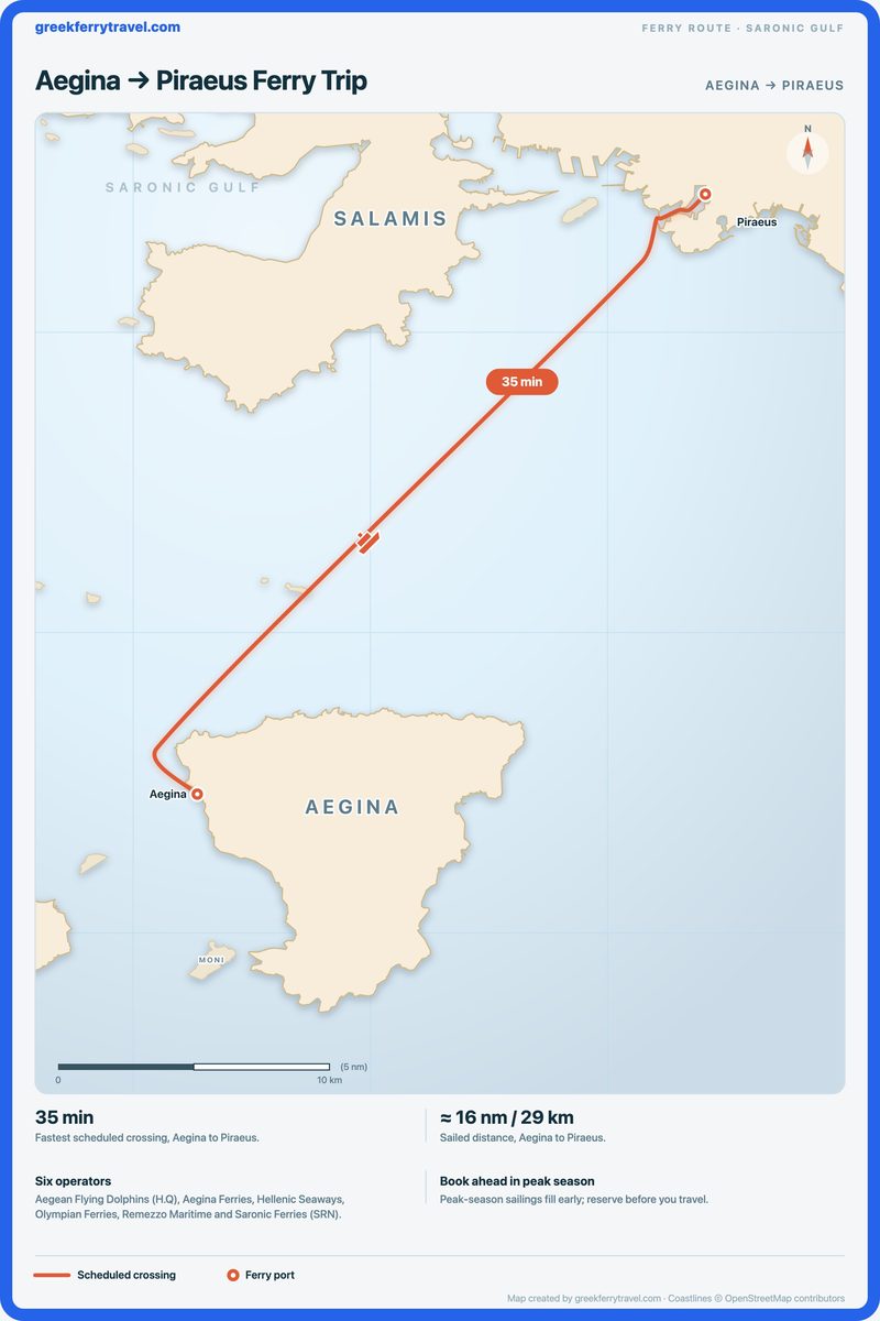 Map of the Saronic Gulf showing the ferry route north-east from Aegina to Piraeus.