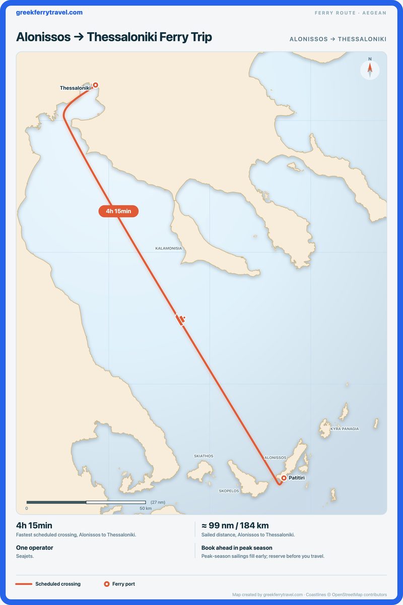 Map of the Aegean showing the ferry route north-north-west from Alonissos to Thessaloniki.