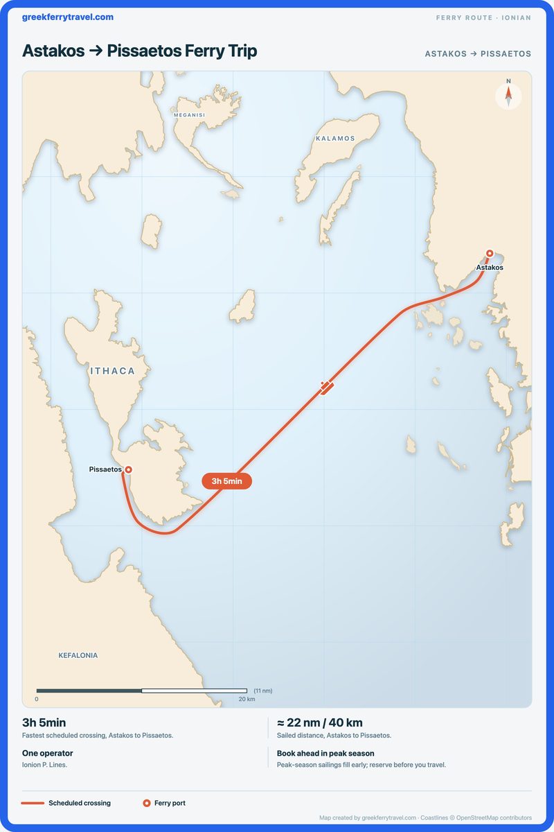 Map of the Ionian Islands showing the ferry route west-south-west from Astakos to Pissaetos.