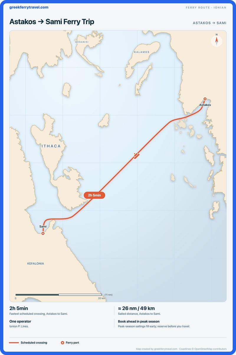Map of the Ionian Islands showing the ferry route south-west from Astakos to Sami.