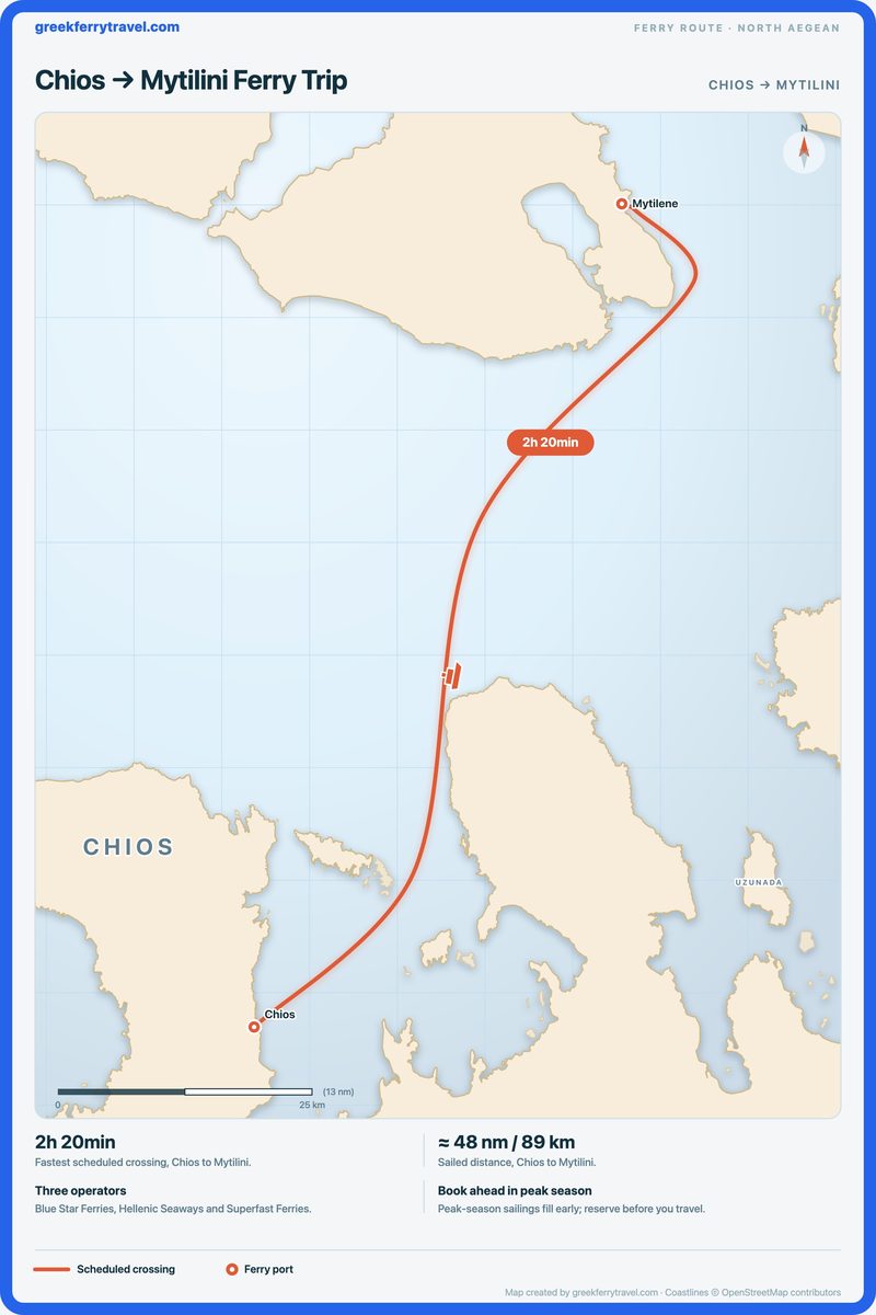 Map of the north Aegean showing the ferry route north-north-east from Chios to Mytilini.