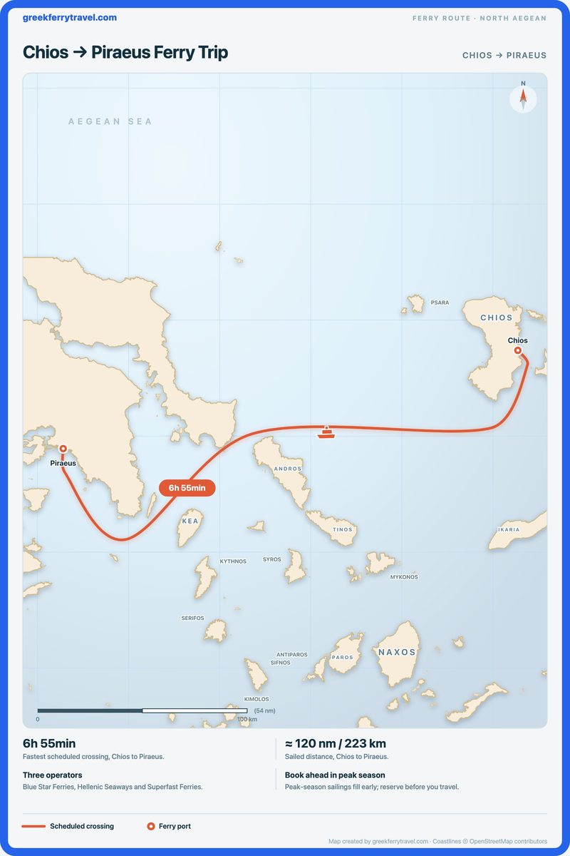 Map of the north Aegean showing the ferry route west-south-west from Chios to Piraeus.