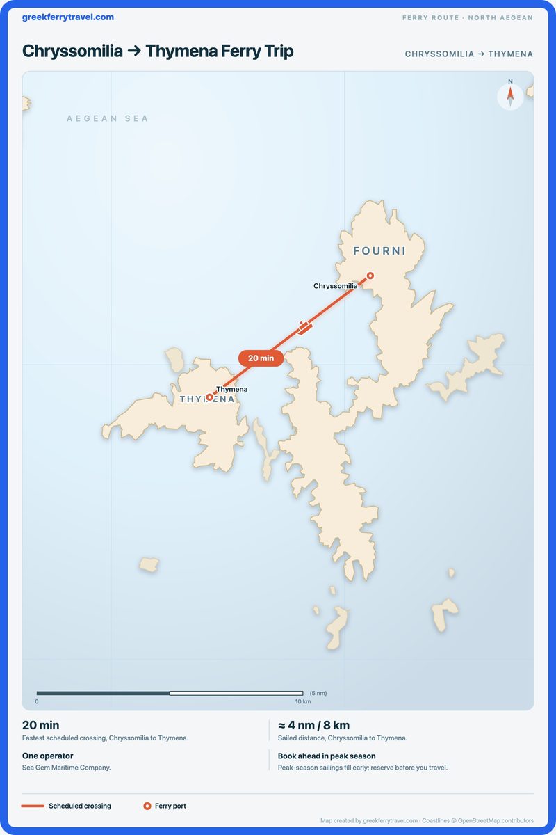 Map of the north Aegean showing the ferry route south-west from Chryssomilia to Thymena.