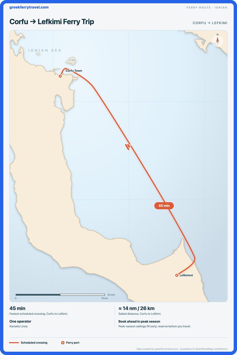 Map of the Ionian Islands showing the ferry route south-south-east from Corfu to Lefkimi.