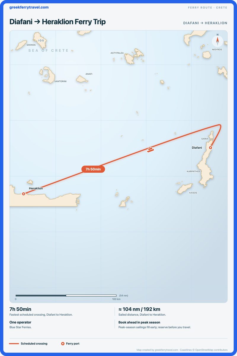 Map of Crete showing the ferry route west-south-west from Diafani to Heraklion.