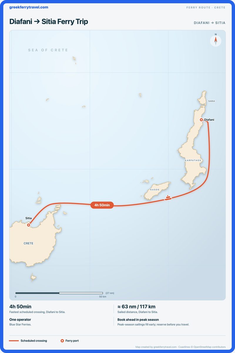 Map of Crete showing the ferry route west-south-west from Diafani to Sitia.