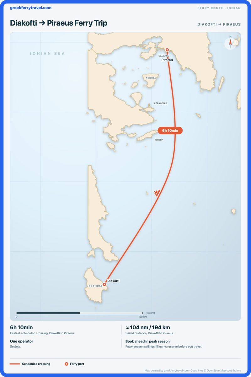 Map of the Ionian Islands showing the ferry route north-north-east from Diakofti to Piraeus.