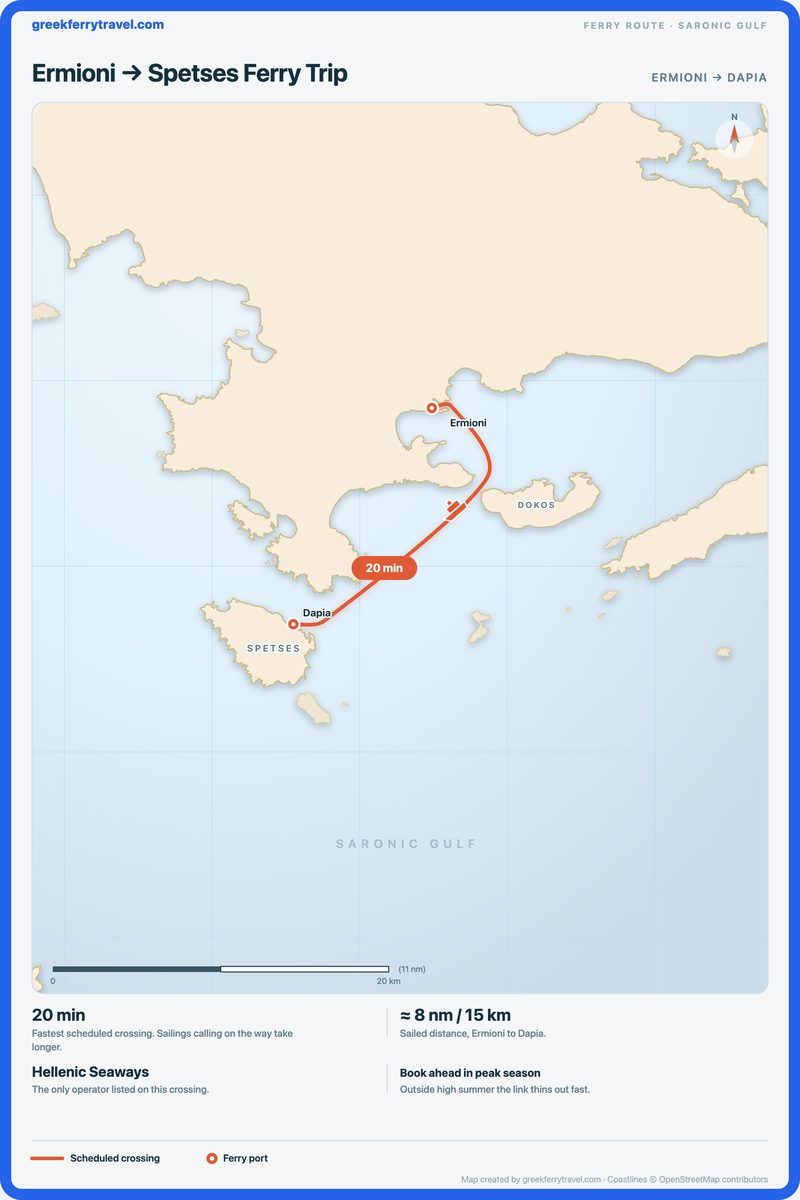 Map of the Saronic Gulf showing the ferry route south-south-west from Ermioni, on the Peloponnese coast, to Dapia on Spetses.