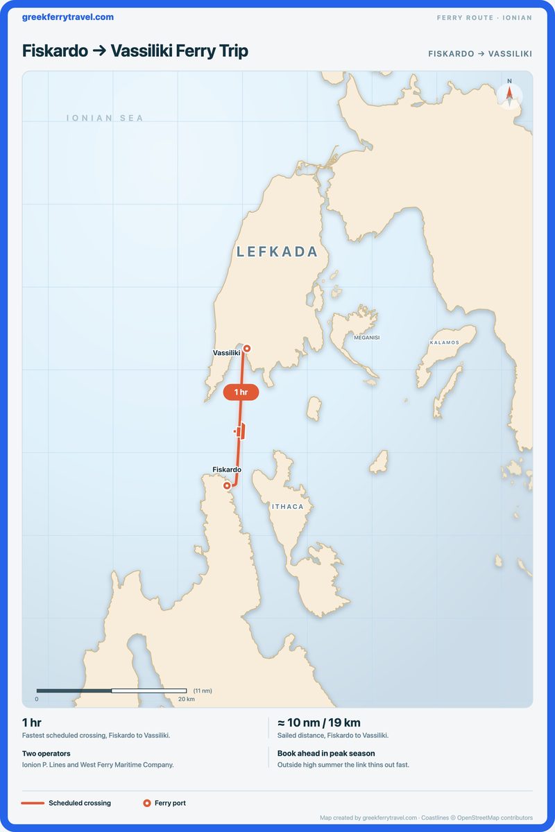 Map of the Ionian Islands showing the ferry route north from Fiskardo on Kefalonia to Vassiliki on Lefkada.