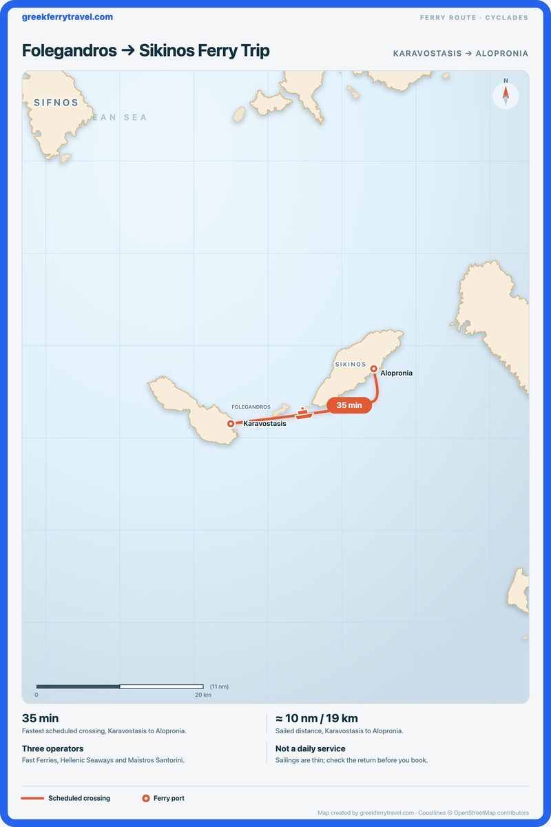Map of the Cyclades showing the ferry route east-north-east from Karavostasis on Folegandros to Alopronia on Sikinos.