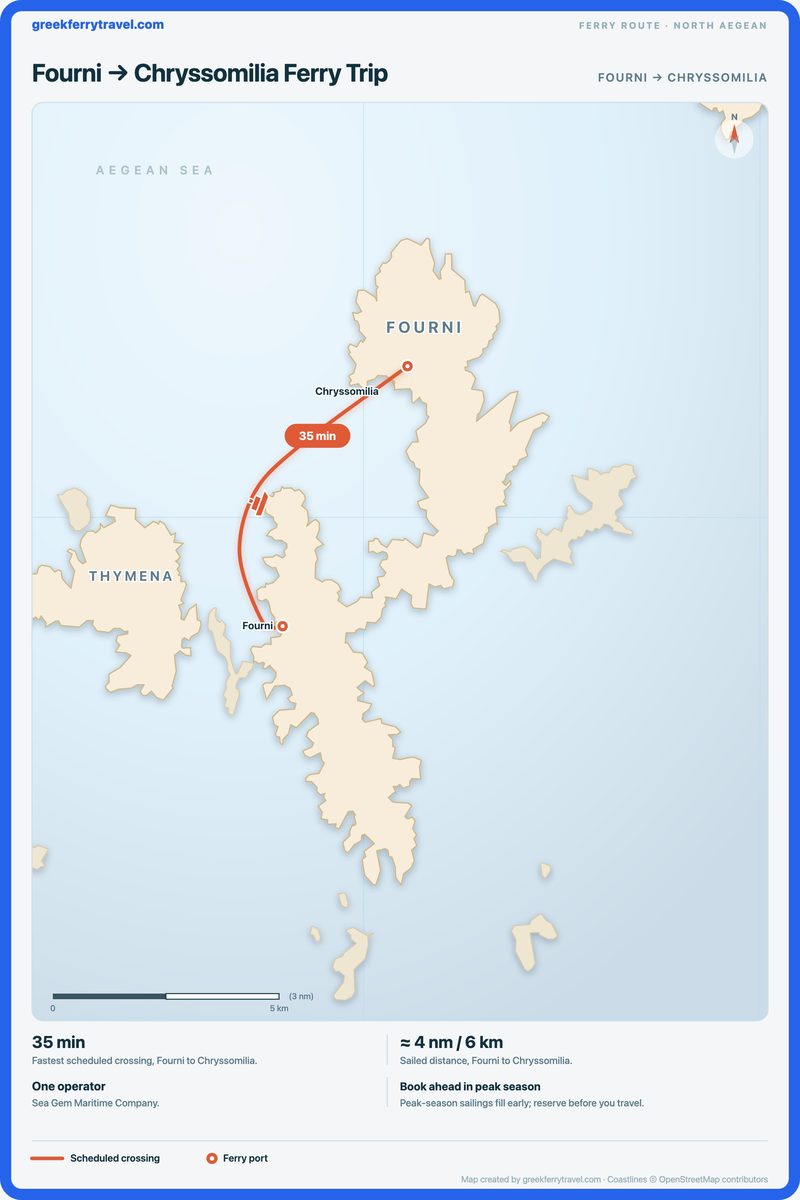 Map of the north Aegean showing the ferry route north-north-east from Fourni to Chryssomilia.