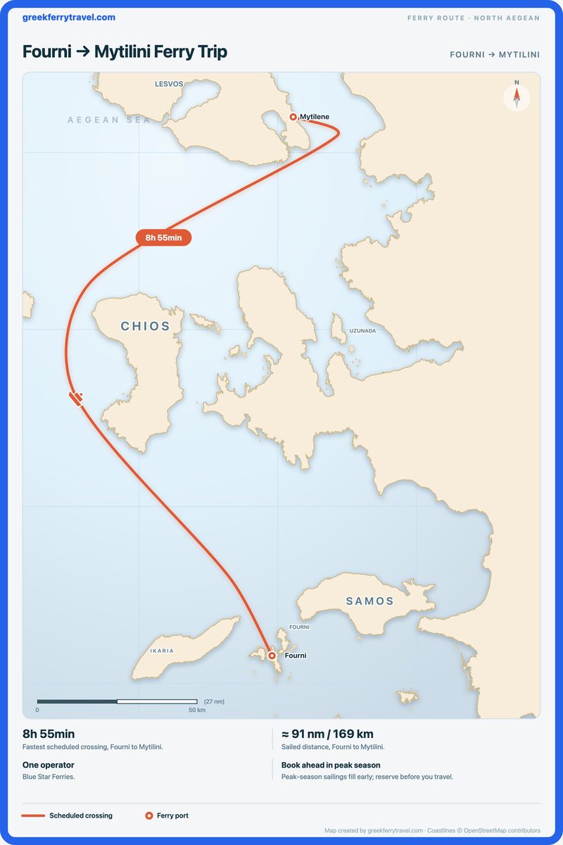 Map of the north Aegean showing the ferry route north from Fourni to Mytilini.