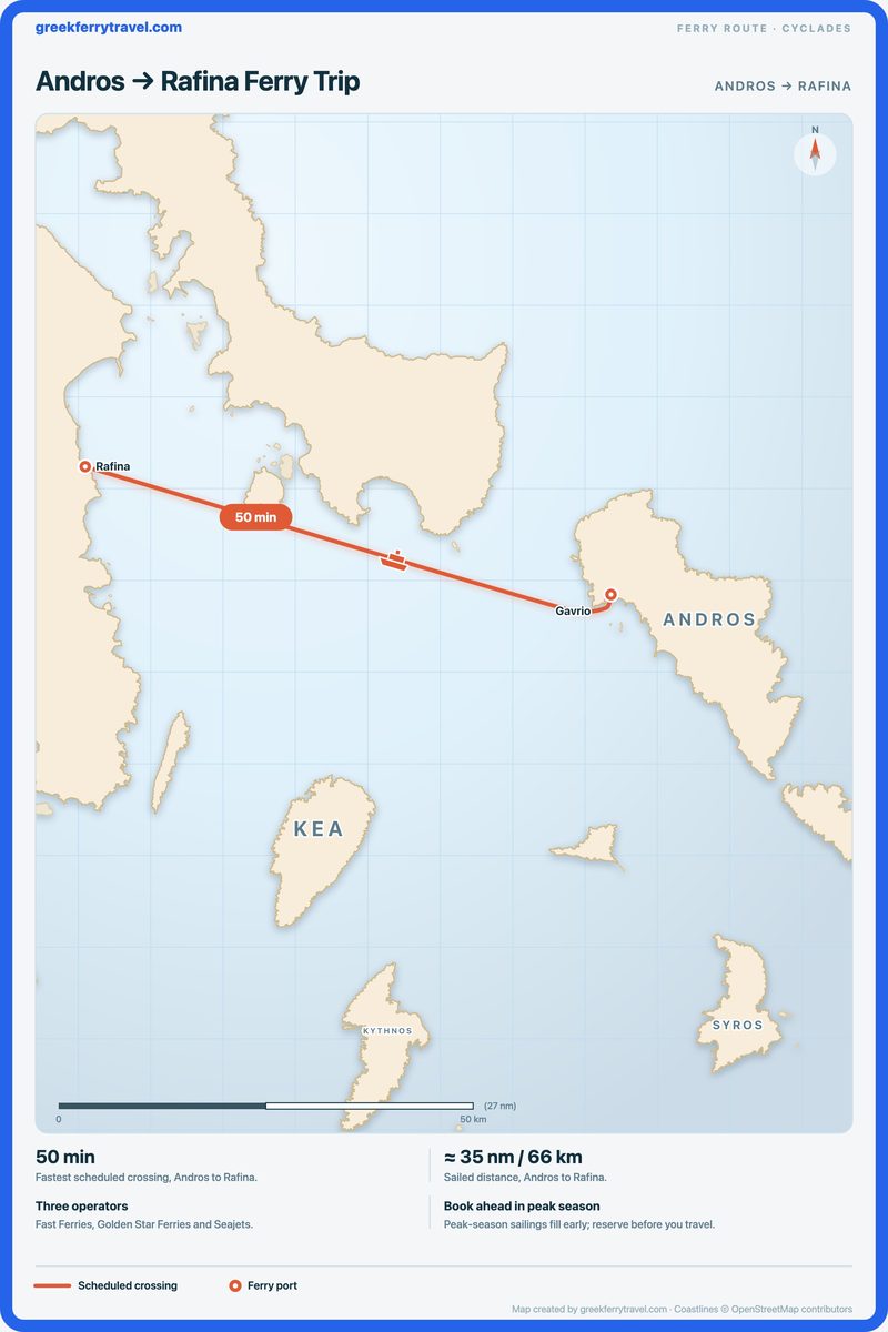 Map of the Cyclades showing the ferry route west-north-west from Andros to Rafina.