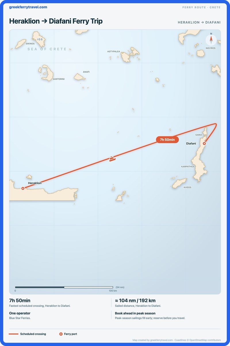 Map of Crete showing the ferry route east-north-east from Heraklion to Diafani.