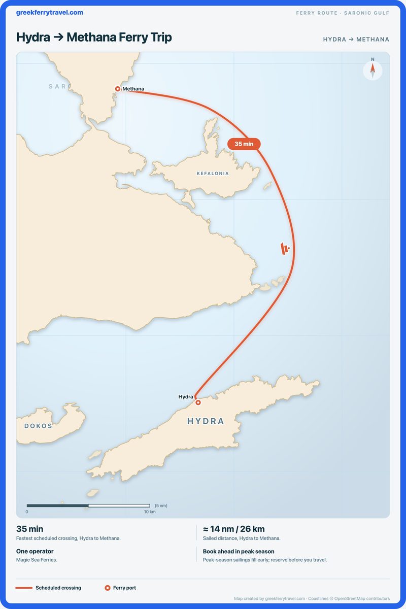 Map of the Saronic Gulf showing the ferry route north-north-west from Hydra to Methana.