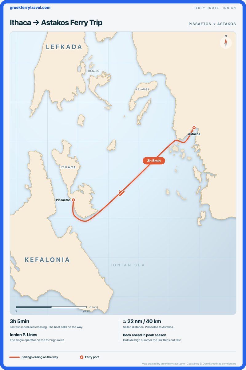 Map of the Ionian Islands showing the ferry route east-north-east from Pissaetos on Ithaca to Astakos, on the mainland coast.