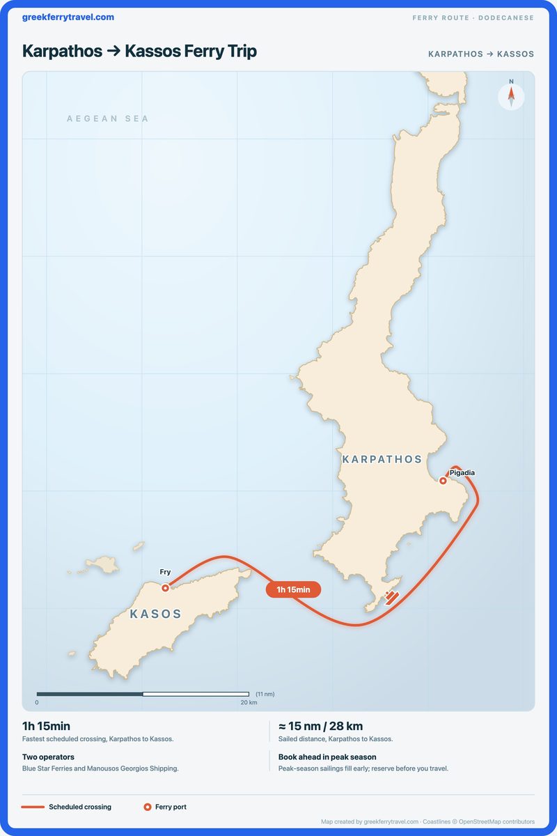 Map of the Dodecanese showing the ferry route west-south-west from Karpathos to Kassos.