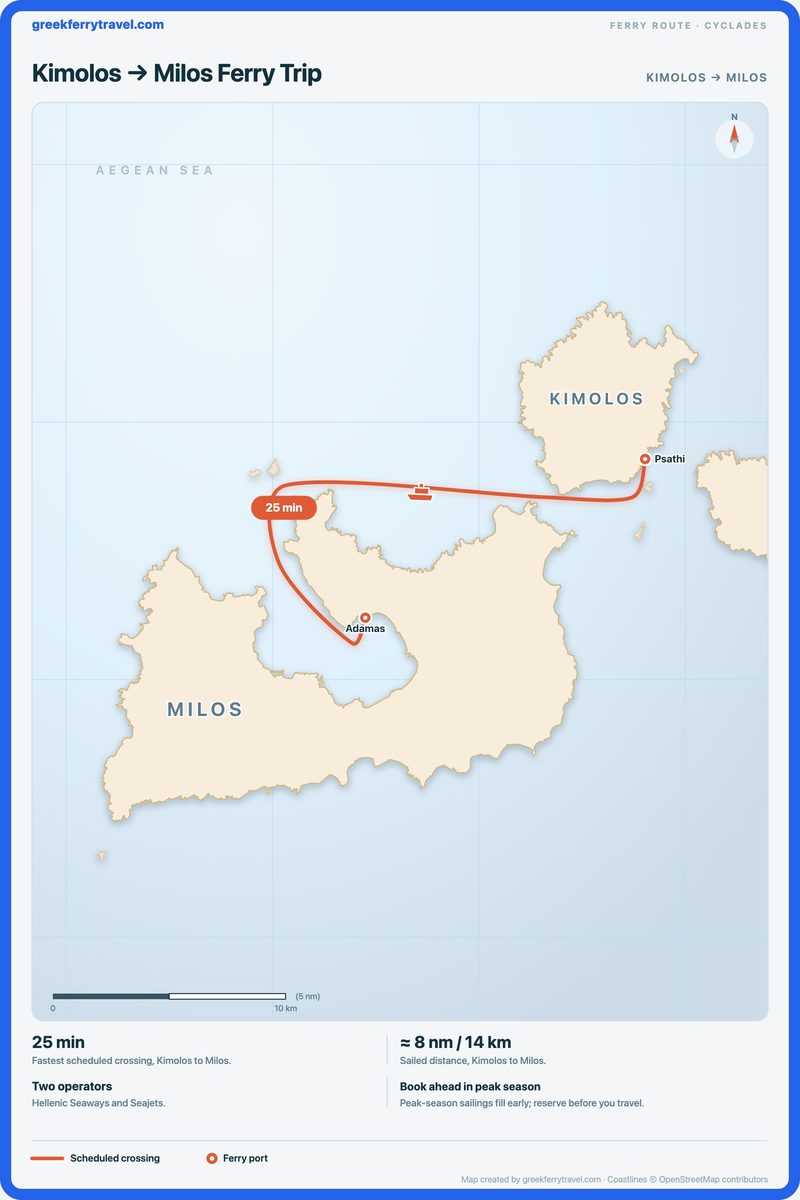 Map of the Cyclades showing the ferry route west-south-west from Kimolos to Milos.