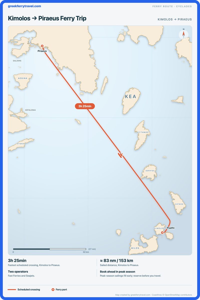 Map of the Cyclades showing the ferry route north-north-west from Kimolos to Piraeus.