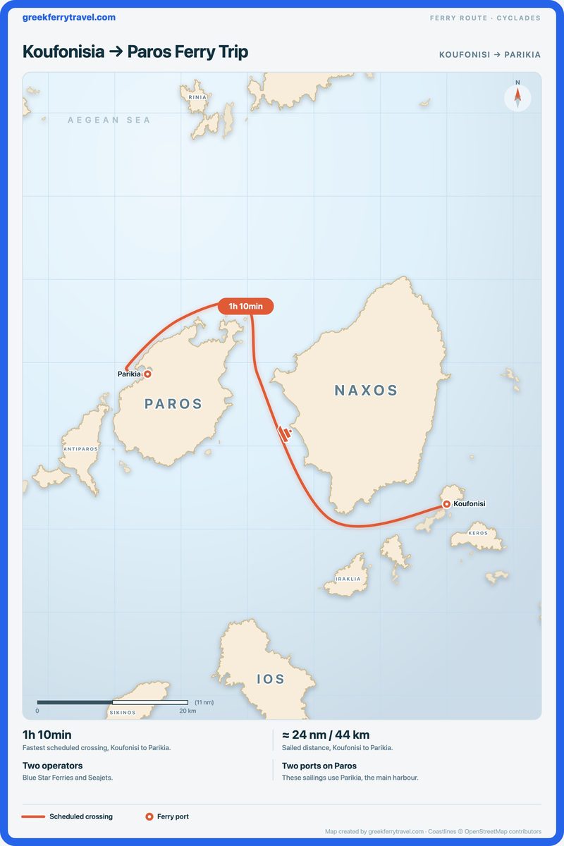 Map of the Cyclades showing the ferry route west-north-west from Koufonisi on Koufonisia to Parikia on Paros.