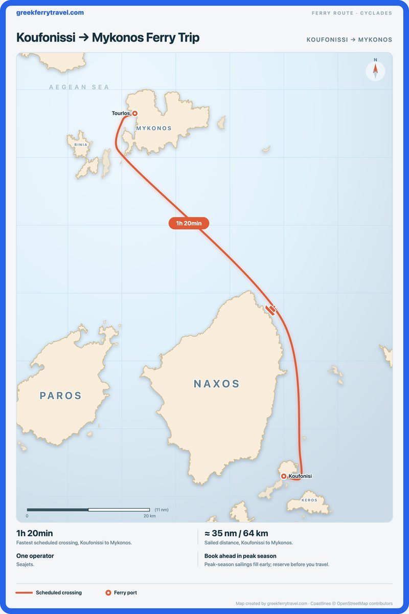 Map of the Cyclades showing the ferry route north-north-west from Koufonissi to Mykonos.