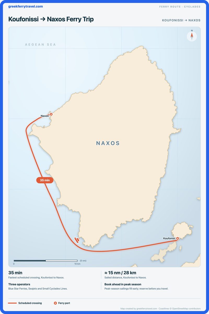 Map of the Cyclades showing the ferry route north-west from Koufonissi to Naxos.