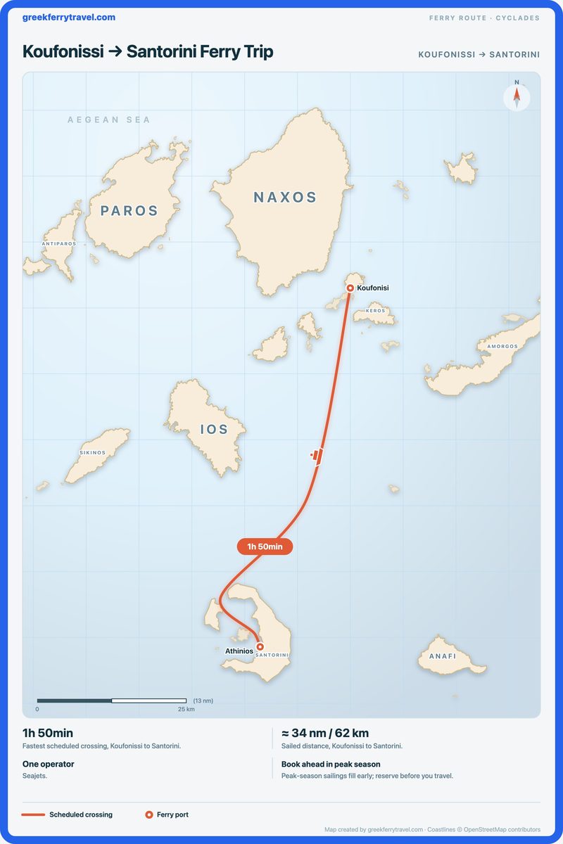 Map of the Cyclades showing the ferry route south-south-west from Koufonissi to Santorini.