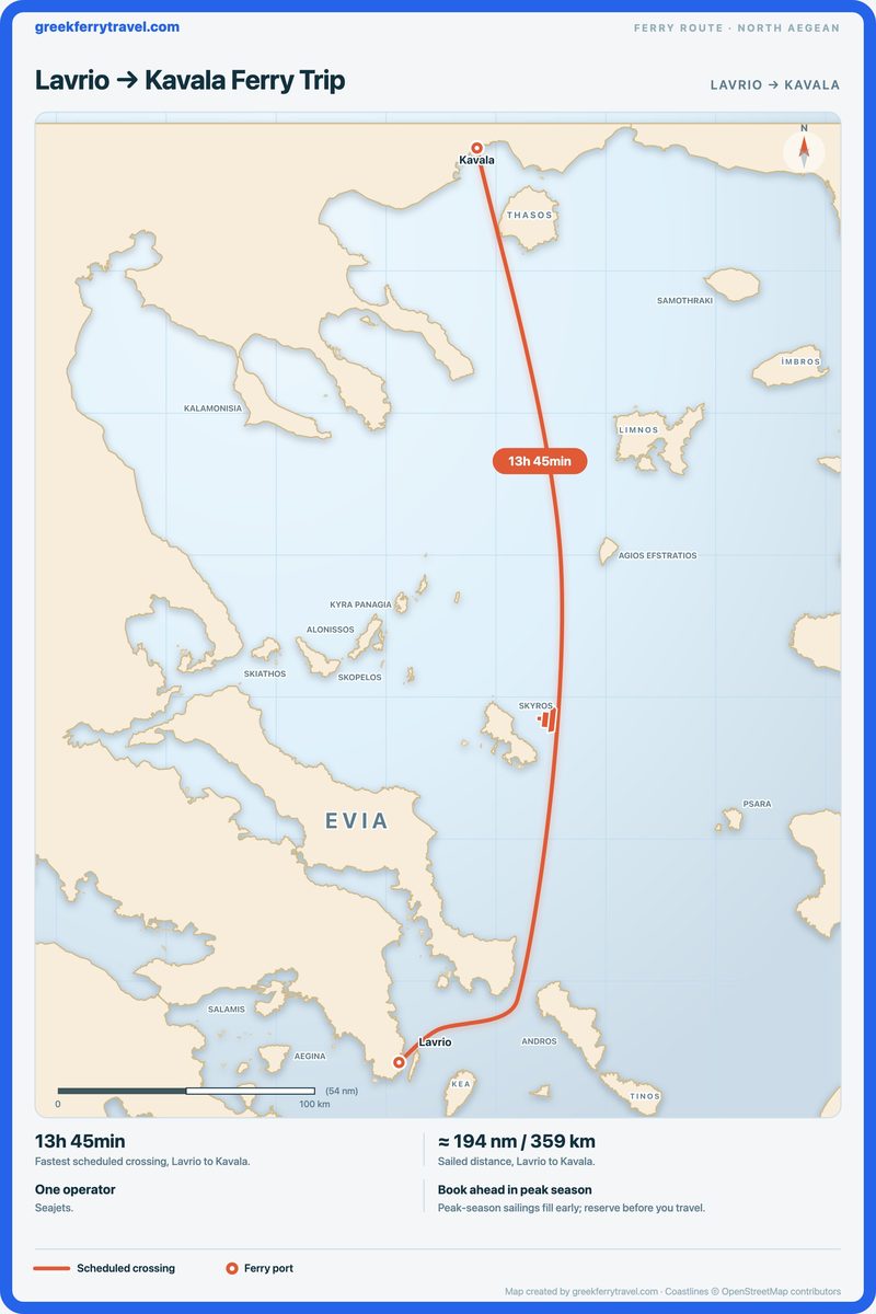 Map of the north Aegean showing the ferry route north from Lavrio to Kavala.