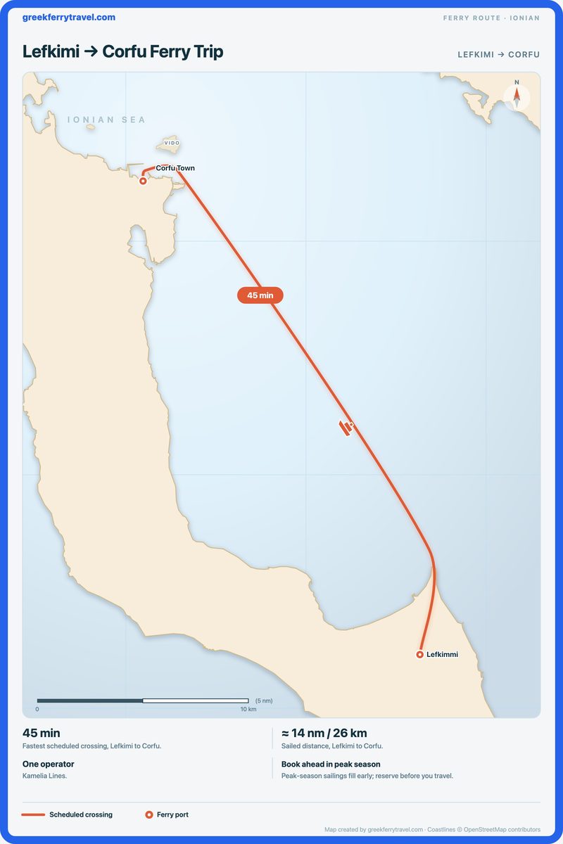Map of the Ionian Islands showing the ferry route north-north-west from Lefkimi to Corfu.