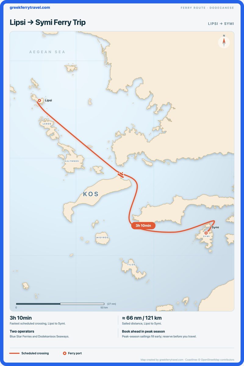 Map of the Dodecanese showing the ferry route south-east from Lipsi to Symi.