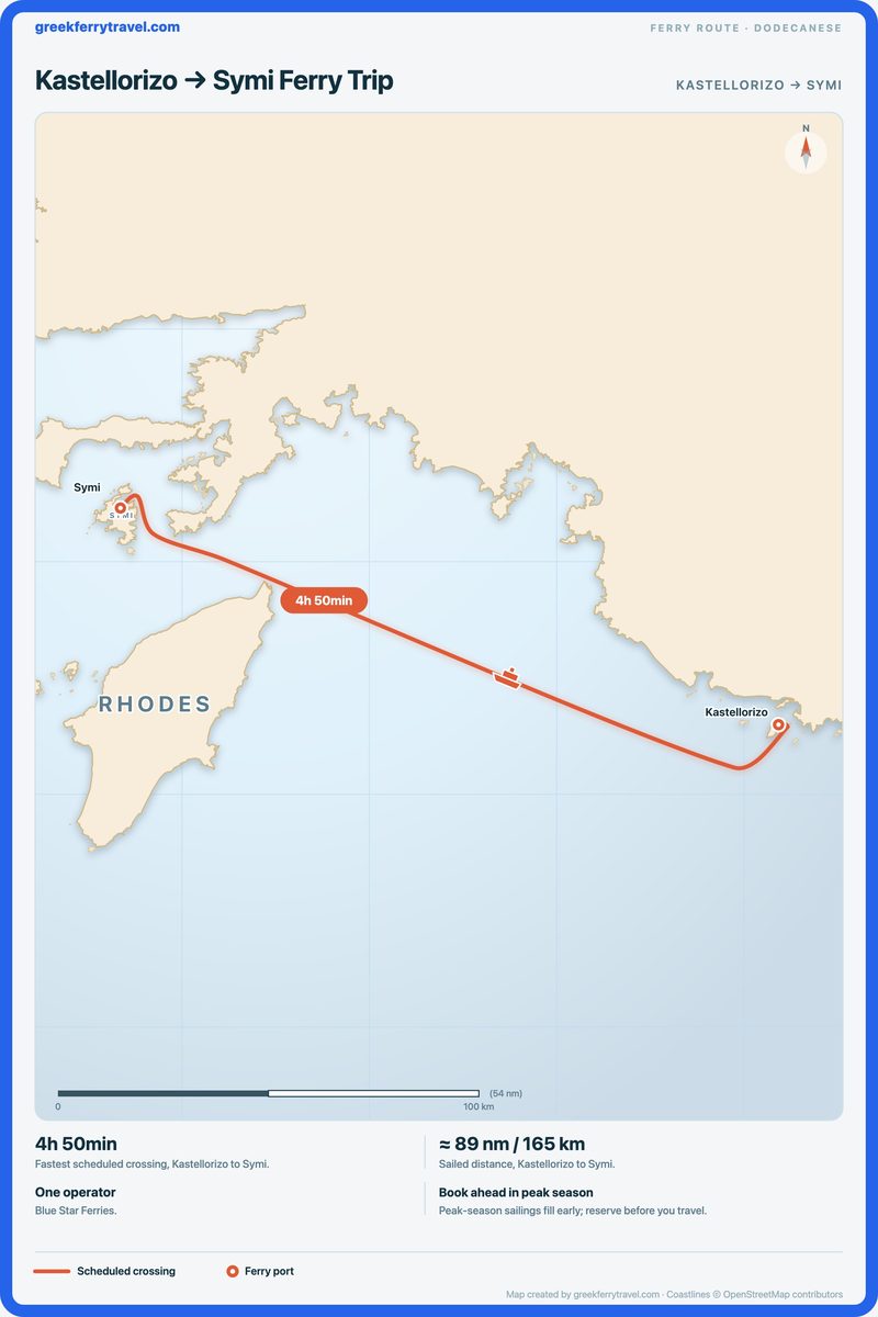 Map of the Dodecanese showing the ferry route west-north-west from Kastellorizo to Symi.