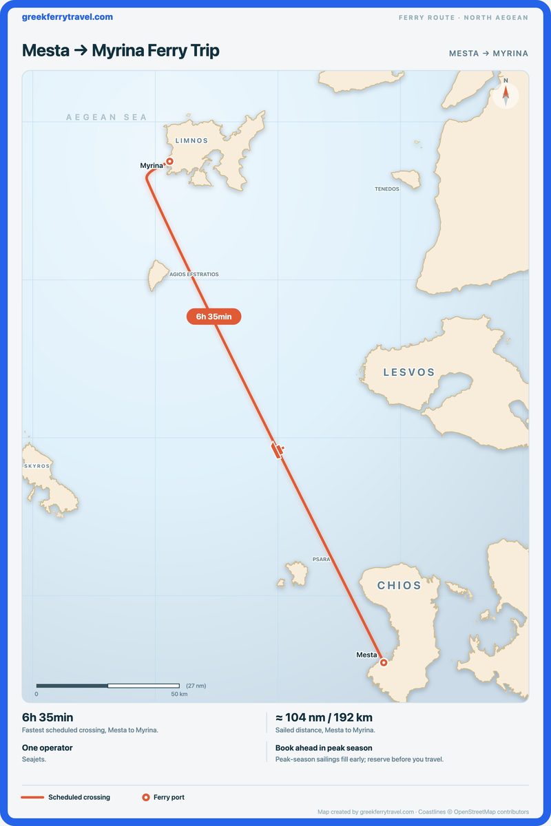 Map of the north Aegean showing the ferry route north-north-west from Mesta to Myrina.