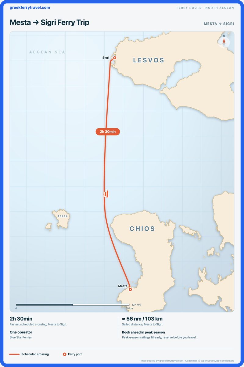 Map of the north Aegean showing the ferry route north from Mesta to Sigri.