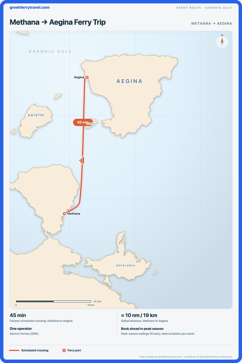 Map of the Saronic Gulf showing the ferry route north from Methana to Aegina.