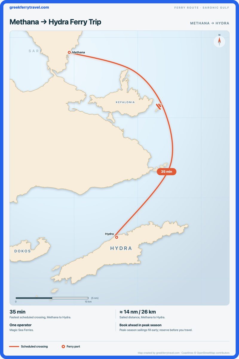Map of the Saronic Gulf showing the ferry route south-south-east from Methana to Hydra.