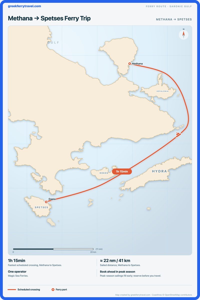 Map of the Saronic Gulf showing the ferry route south-south-west from Methana to Spetses.