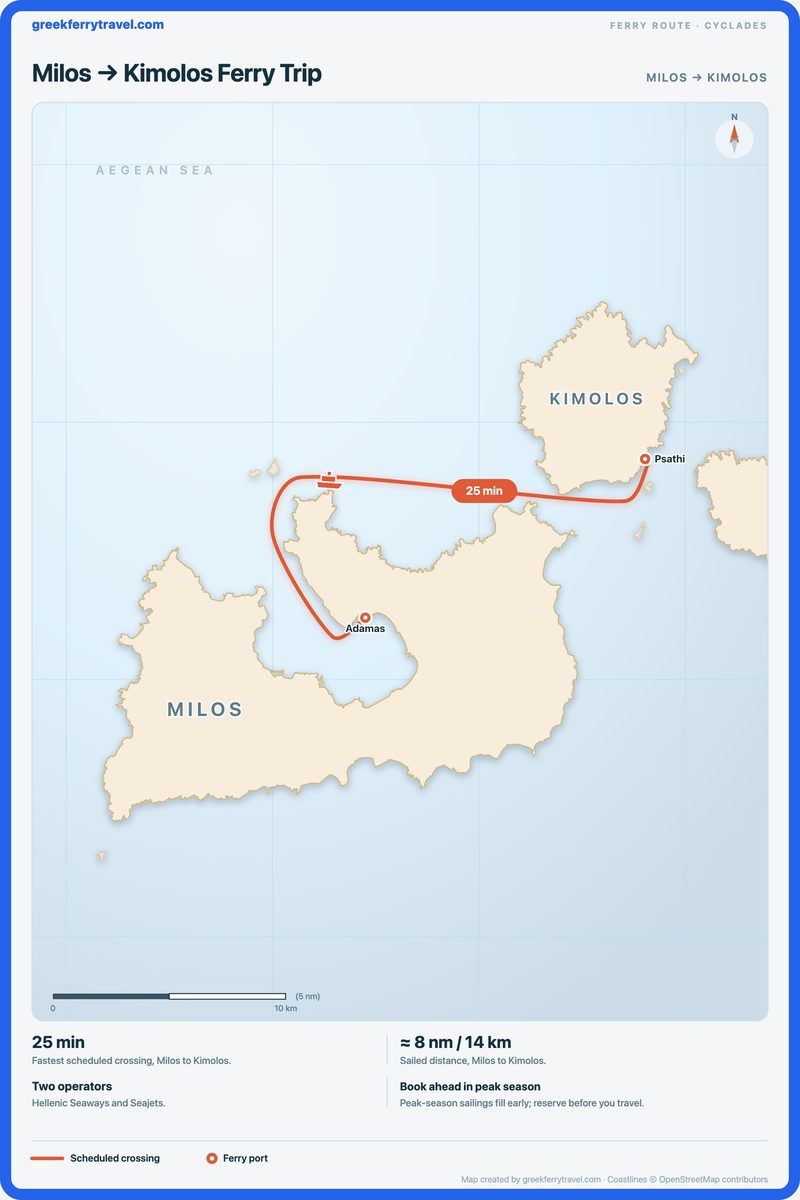 Map of the Cyclades showing the ferry route east-north-east from Milos to Kimolos.