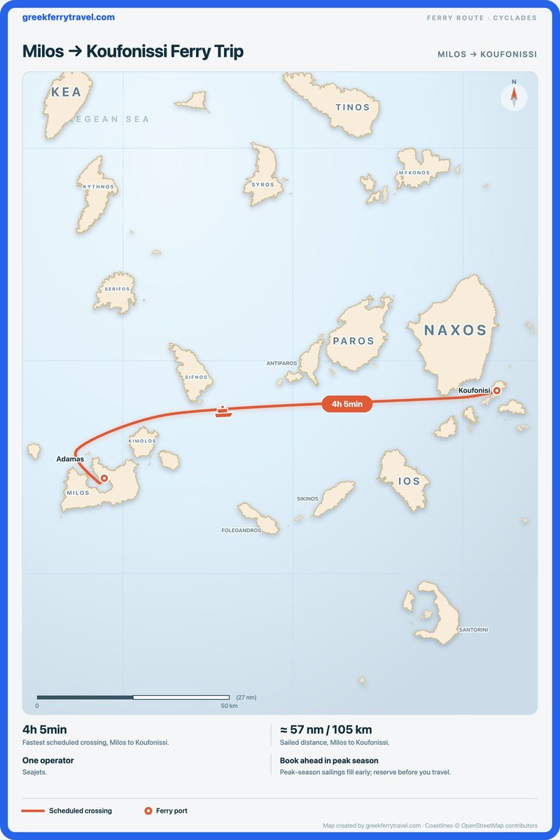 Map of the Cyclades showing the ferry route east-north-east from Milos to Koufonissi.