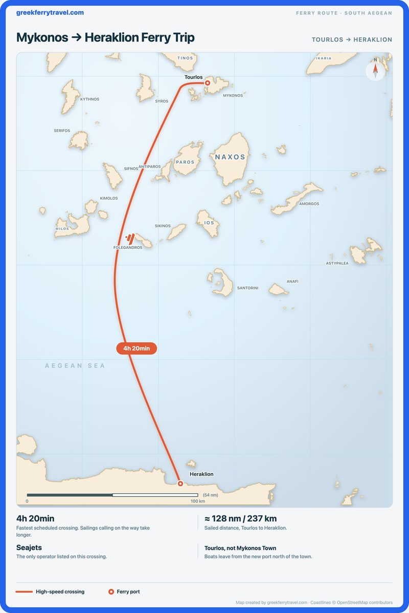 Map showing the high-speed ferry route south from Tourlos on Mykonos across the Sea of Crete to Heraklion on Crete.