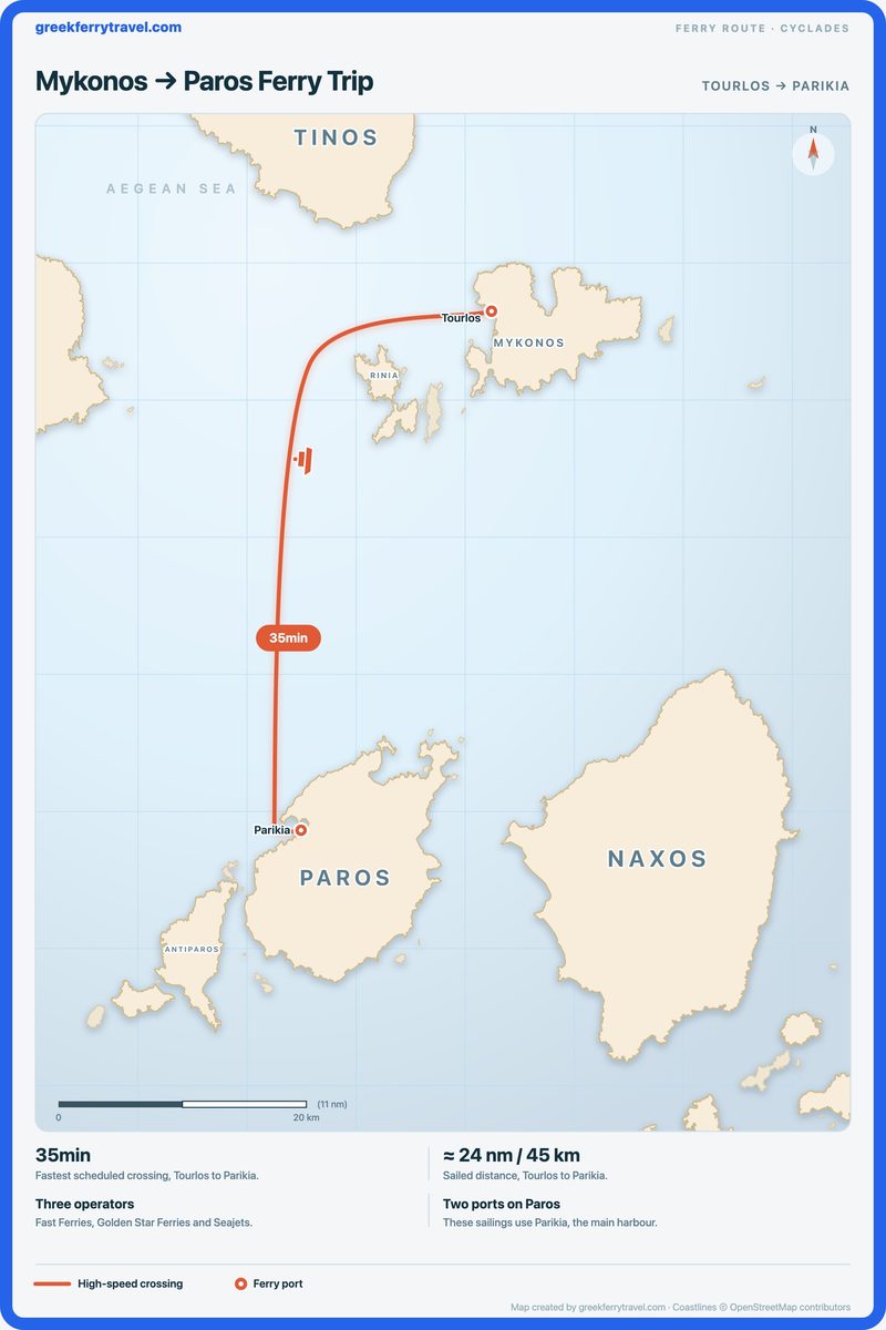 Map of the Cyclades showing the ferry route south-south-west from Tourlos on Mykonos to Parikia on Paros.