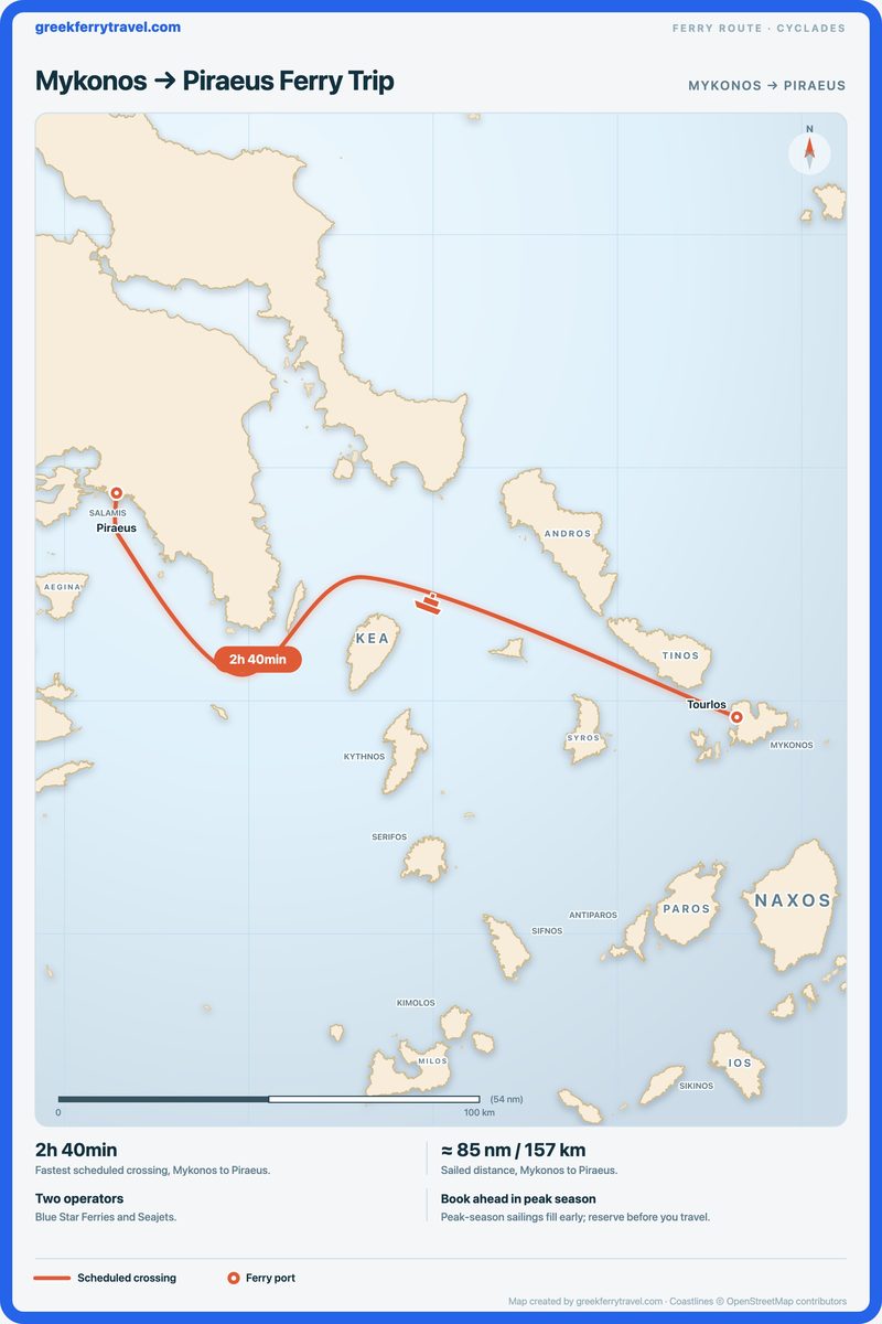 Map of the Cyclades showing the ferry route west-north-west from Mykonos to Piraeus.