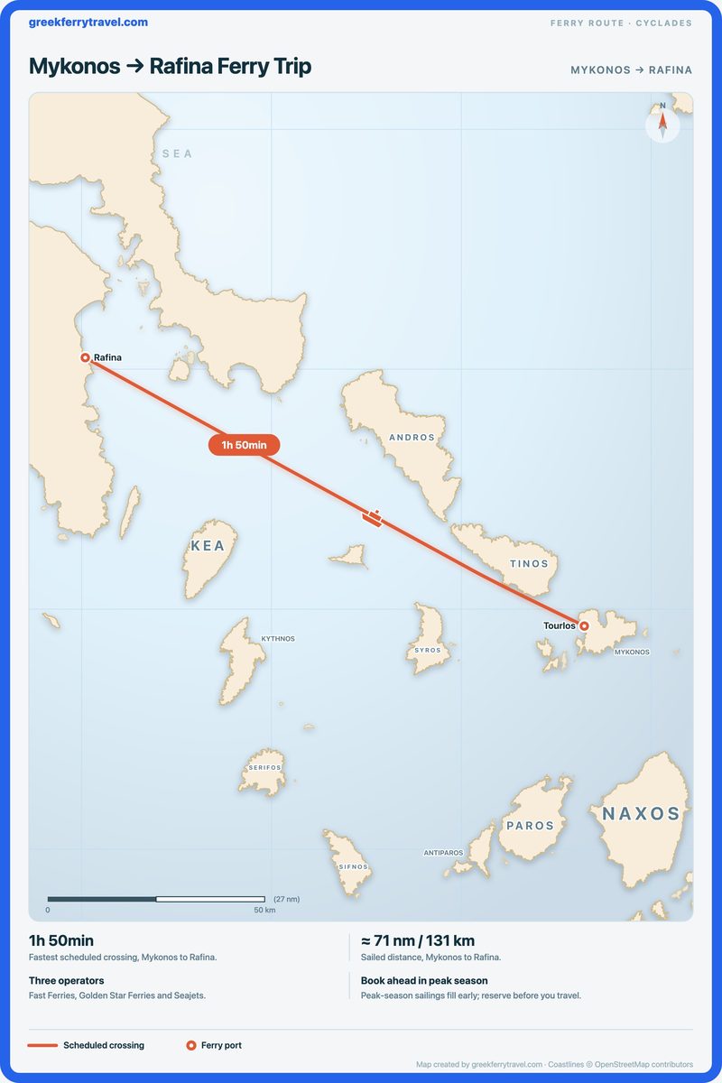 Map of the Cyclades showing the ferry route west-north-west from Mykonos to Rafina.