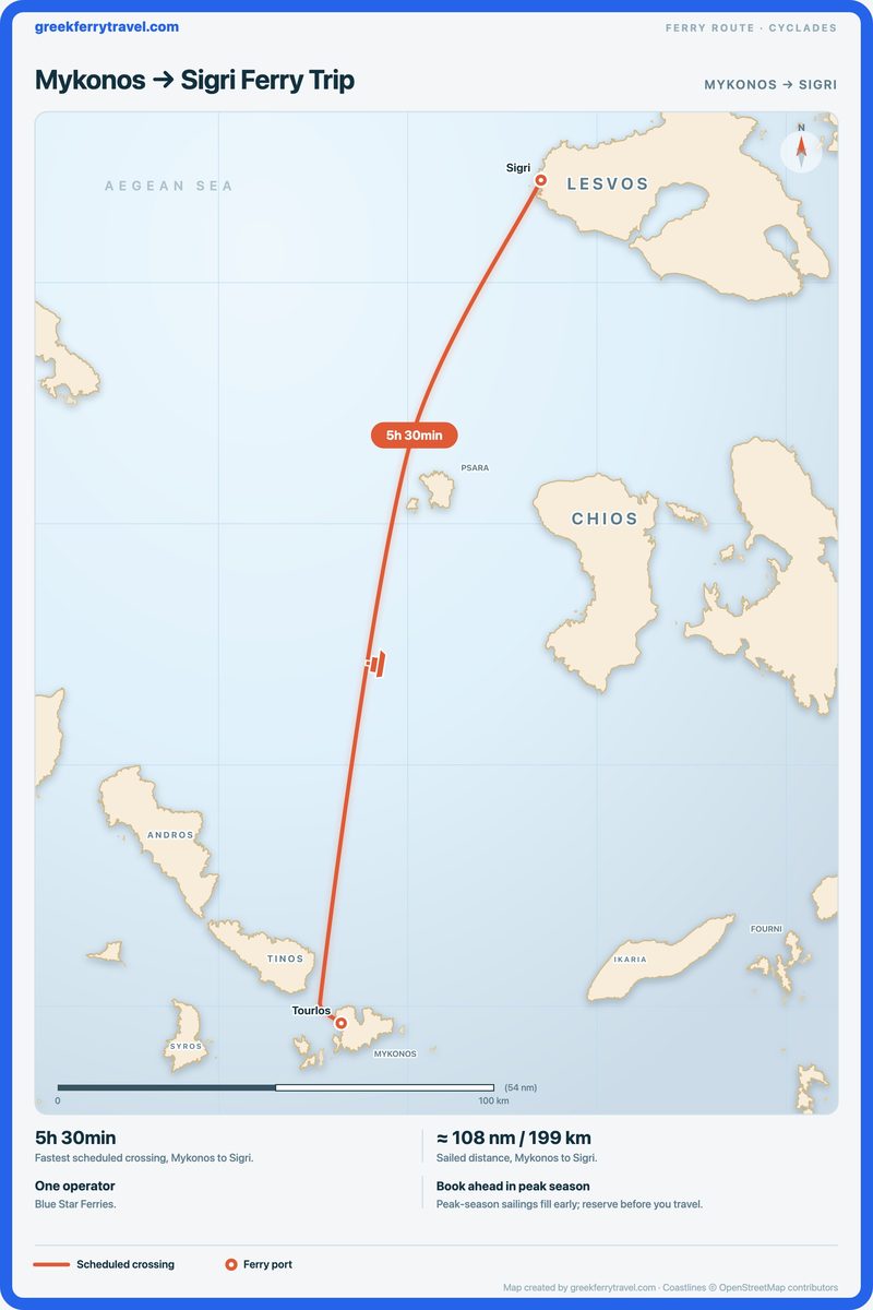 Map of the Cyclades showing the ferry route north-north-east from Mykonos to Sigri.