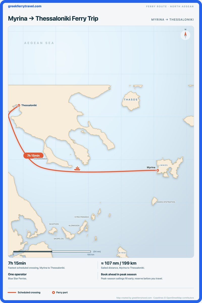 Map of the north Aegean showing the ferry route west-north-west from Myrina to Thessaloniki.