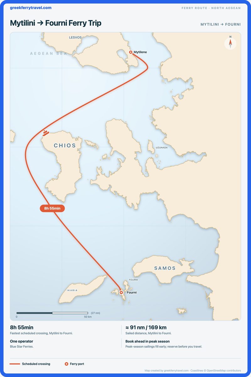 Map of the north Aegean showing the ferry route south from Mytilini to Fourni.