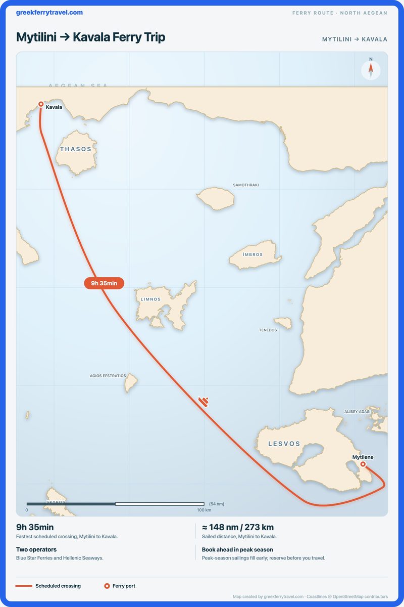 Map of the north Aegean showing the ferry route north-west from Mytilini to Kavala.