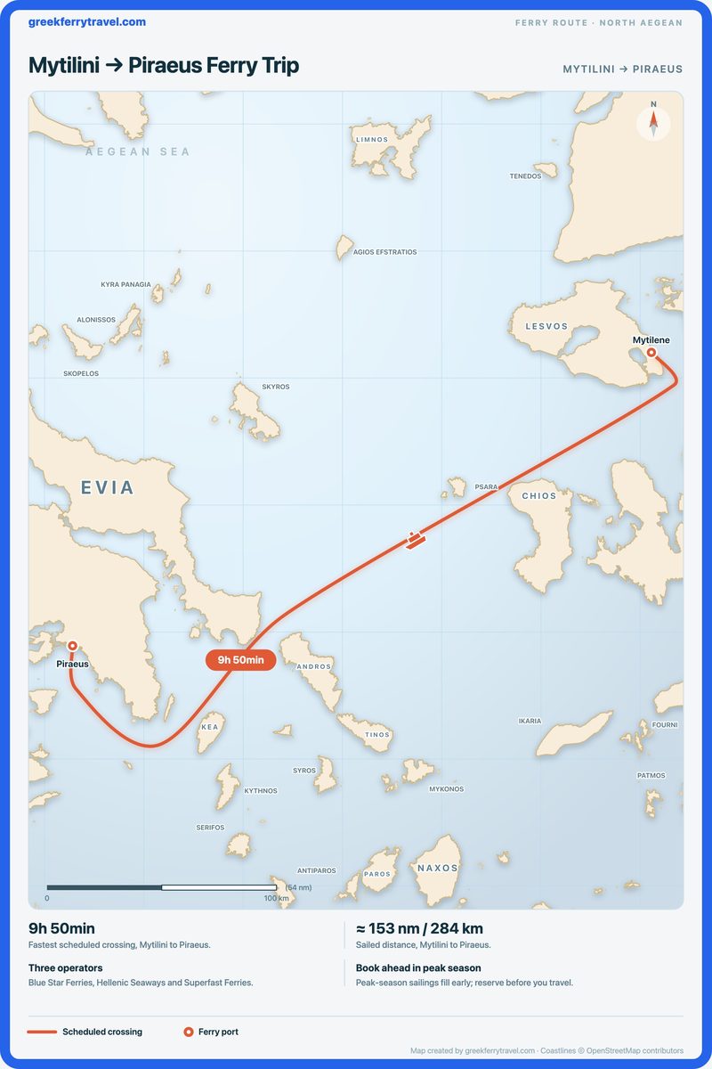 Map of the north Aegean showing the ferry route west-south-west from Mytilini to Piraeus.