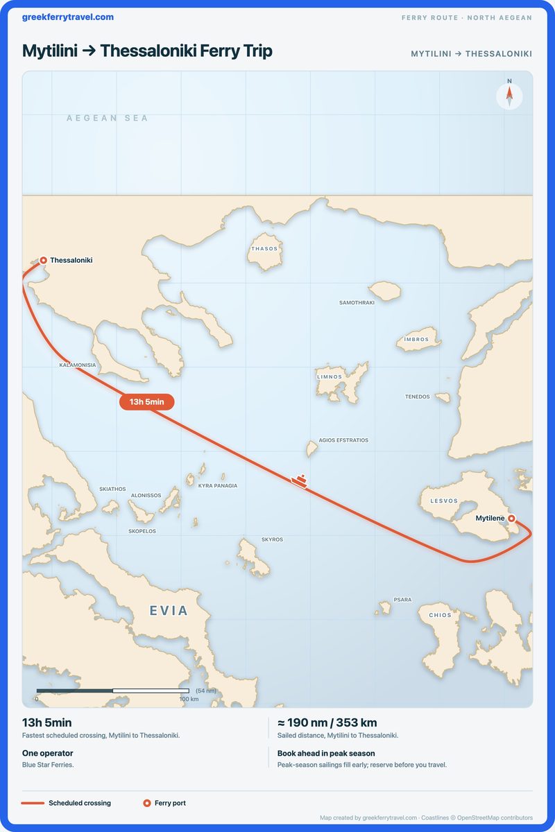 Map of the north Aegean showing the ferry route west-north-west from Mytilini to Thessaloniki.