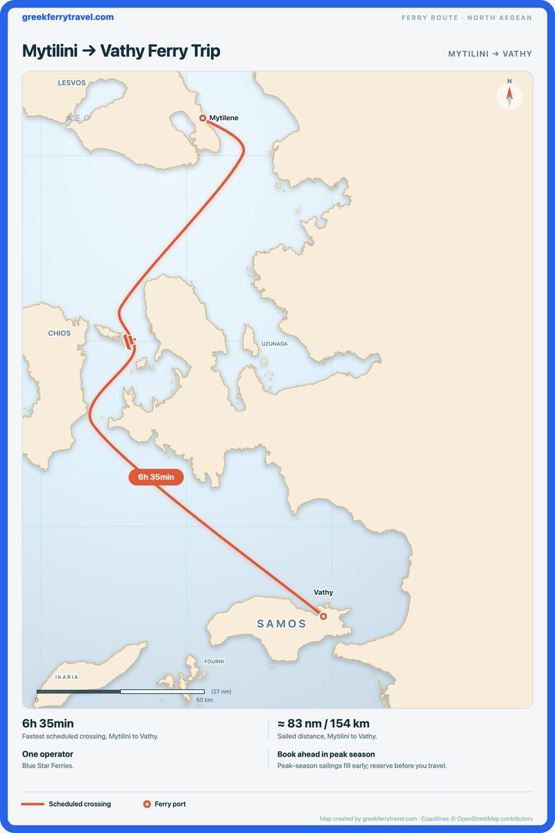 Map of the north Aegean showing the ferry route south-south-east from Mytilini to Vathy.